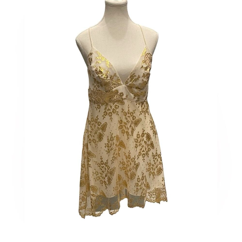 Y2K Cache Woman Gold Lace Mini Dress size: 10
